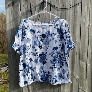 Liz Claiborne XL Blue Floral Boho Coastal Linen Blend Blouse